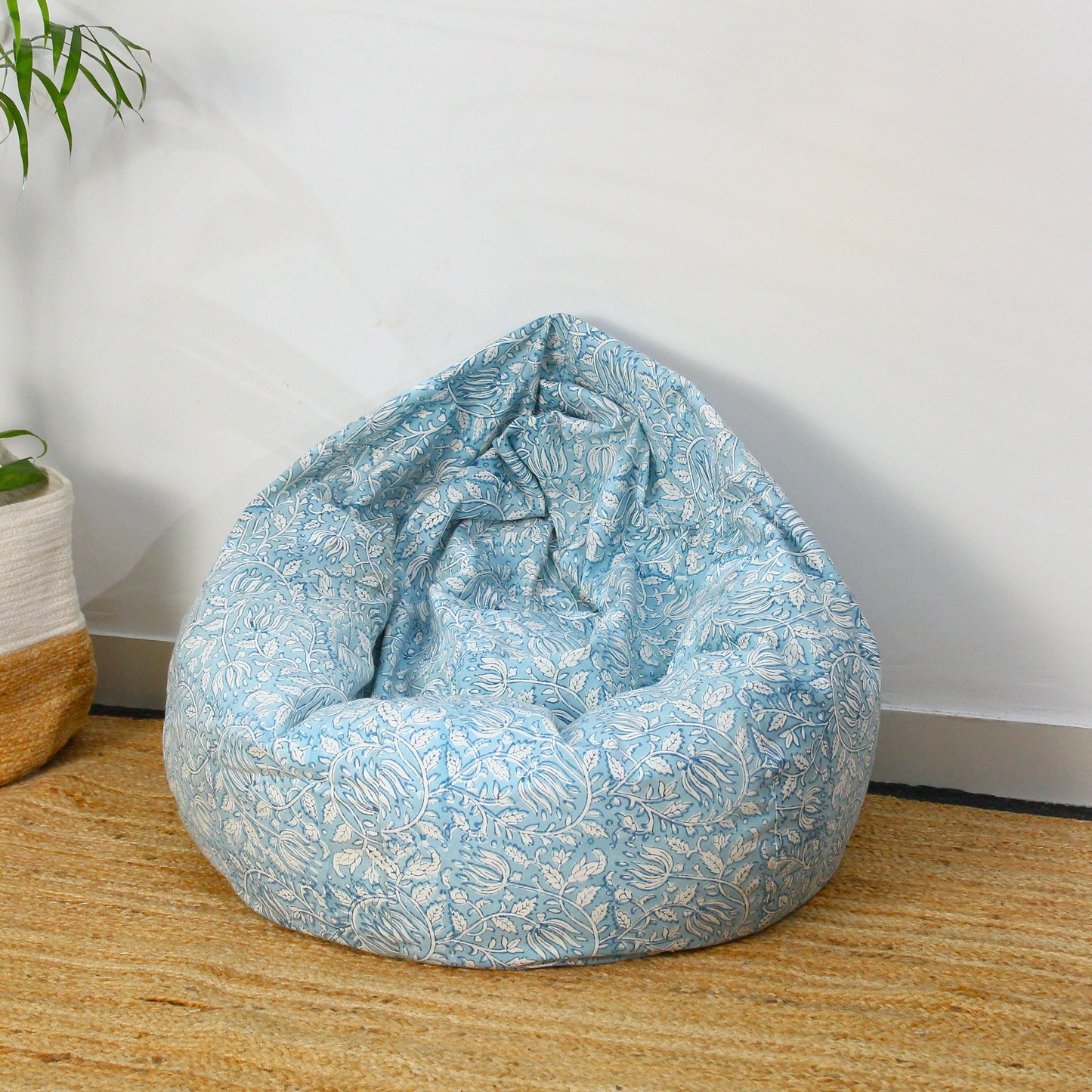 Blue Floral Hand Block Print Bean Bag Cover: 96" Boho Cotton