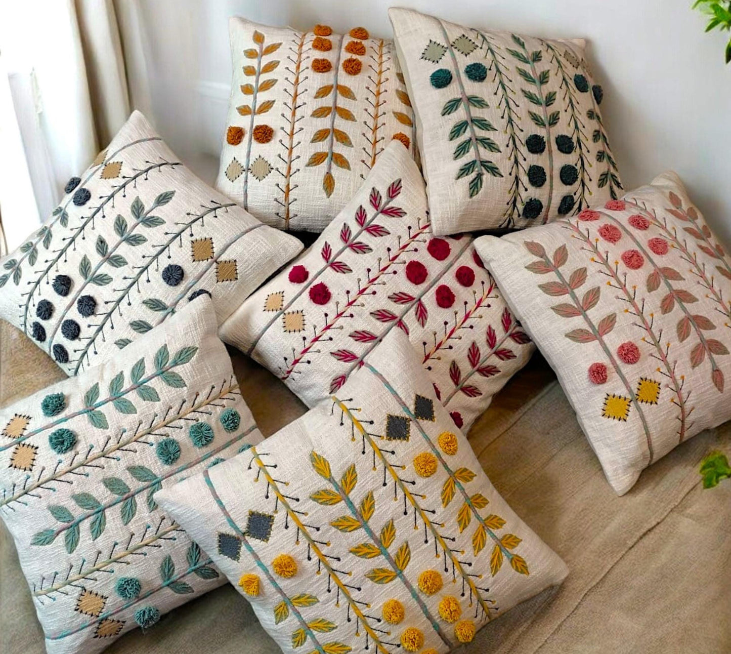 Handmade Floral Embroidered Pillow Cover: Boho Cotton Cushion