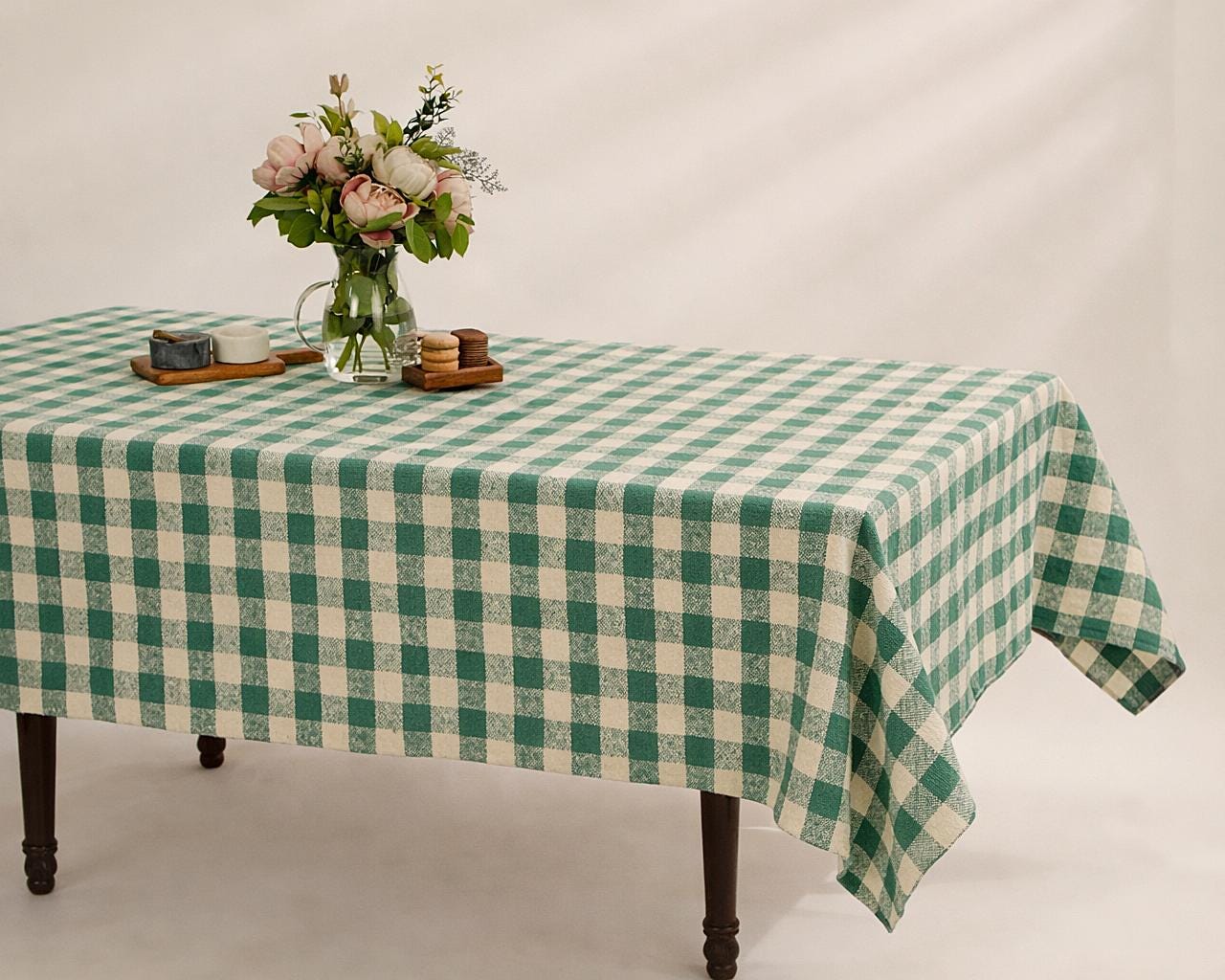 Handloom Weaved Green Checkered Cotton Tablecloth: Farmhouse Fall Decor (52X70 Inches)