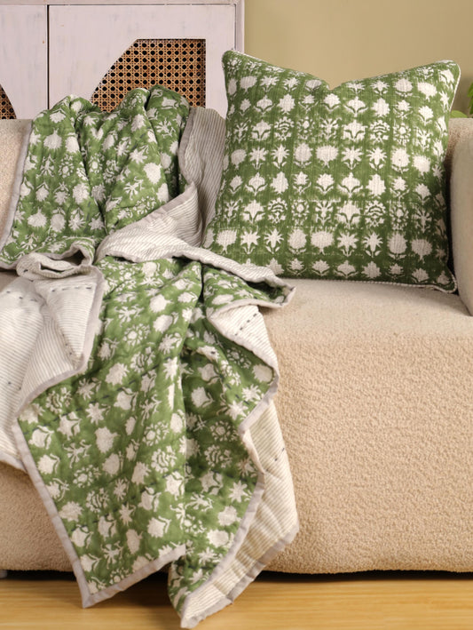 Hand Block Printed Cotton Throw Blanket with Matching Pillow Cover – Farmhouse Kantha Style