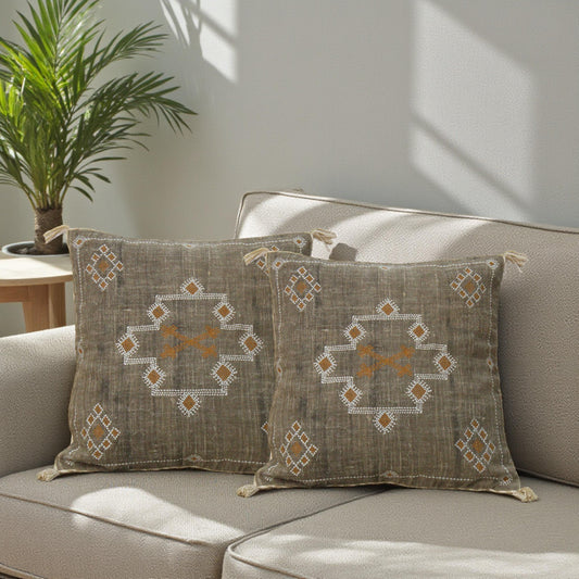 Hand Embroidered Linen Pillow Covers, Rustic Farmhouse Decor, Set of 2 (18x18 inches)