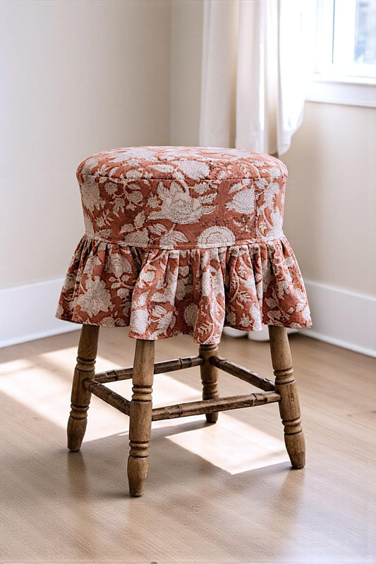 Hand Block Printed Floral Cotton Linen Bar Stool Cover: Farmhouse Slipcover
