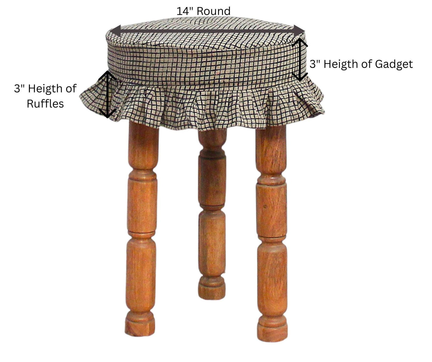 Farmhouse Linen Stool Covers (Set of 2), Hand Block Printed Gingham Ruffled Seat