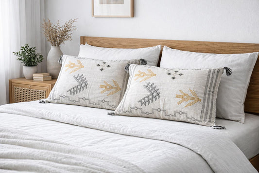 Set of 2 Hand Embroidered Linen Pillow Cover 24X16" | Boho Farmhouse Throw Pillow