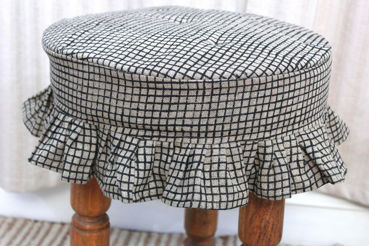 Farmhouse Linen Stool Covers (Set of 2), Hand Block Printed Gingham Ruffled Seat