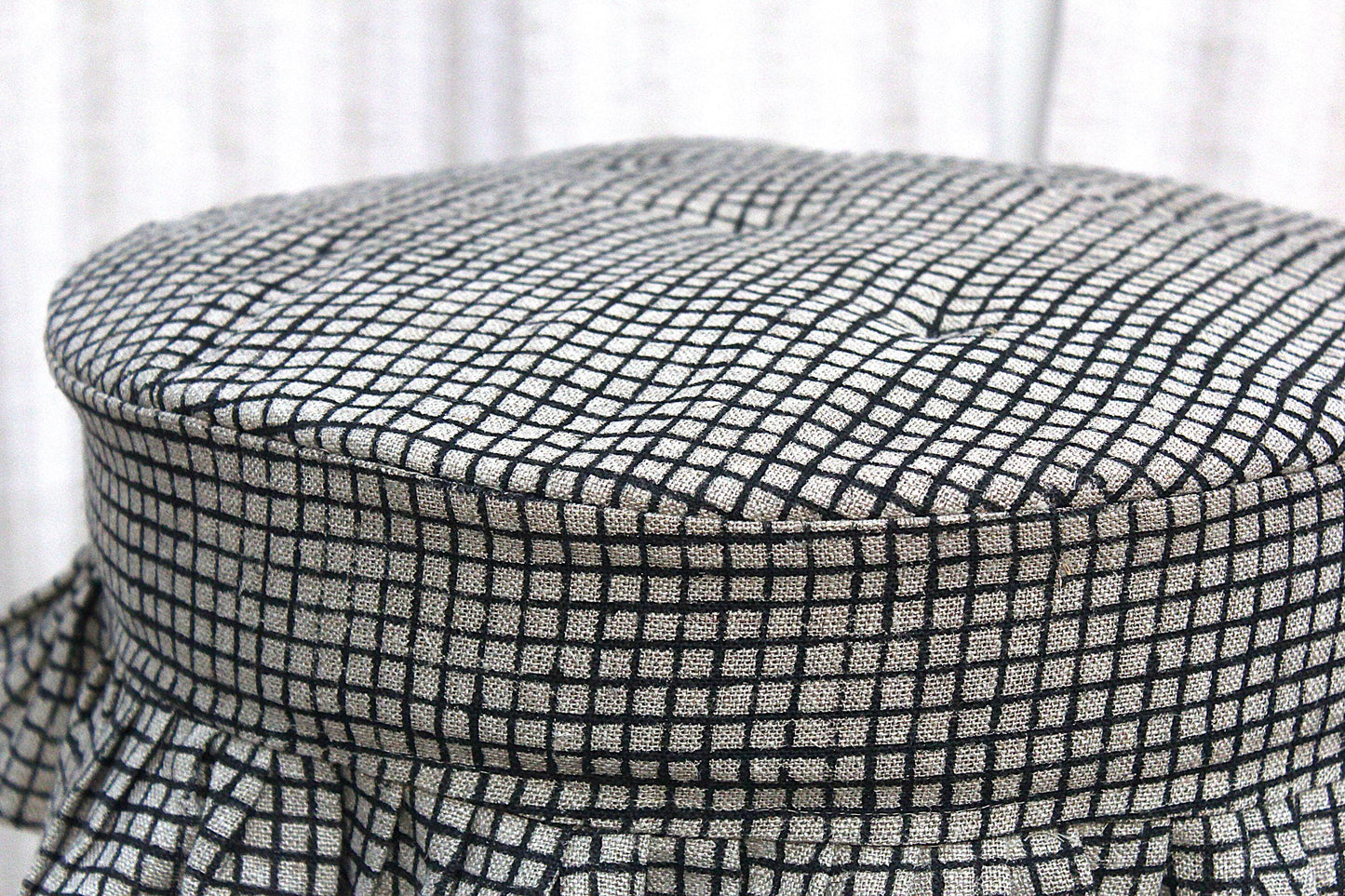 Farmhouse Linen Stool Covers (Set of 2), Hand Block Printed Gingham Ruffled Seat