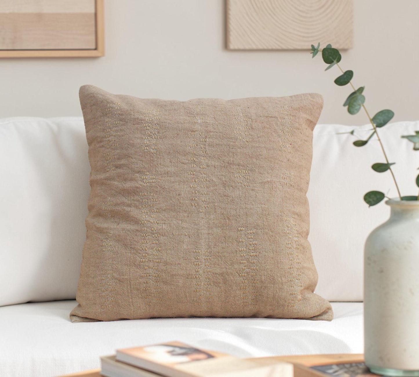 Hand-Embroidered Linen Pillow Cover: Modern Boho Latte Throw Pillow (18x18 Inches)