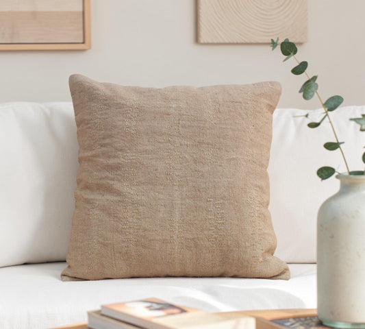 Hand-Embroidered Linen Pillow Cover: Modern Boho Latte Throw Pillow (18x18 Inches)