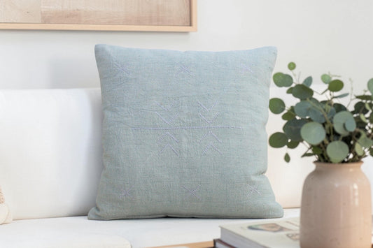 Seafoam Modern Boho Linen Throw Pillow | 18X18 Hand Embroidered Pillow Cover
