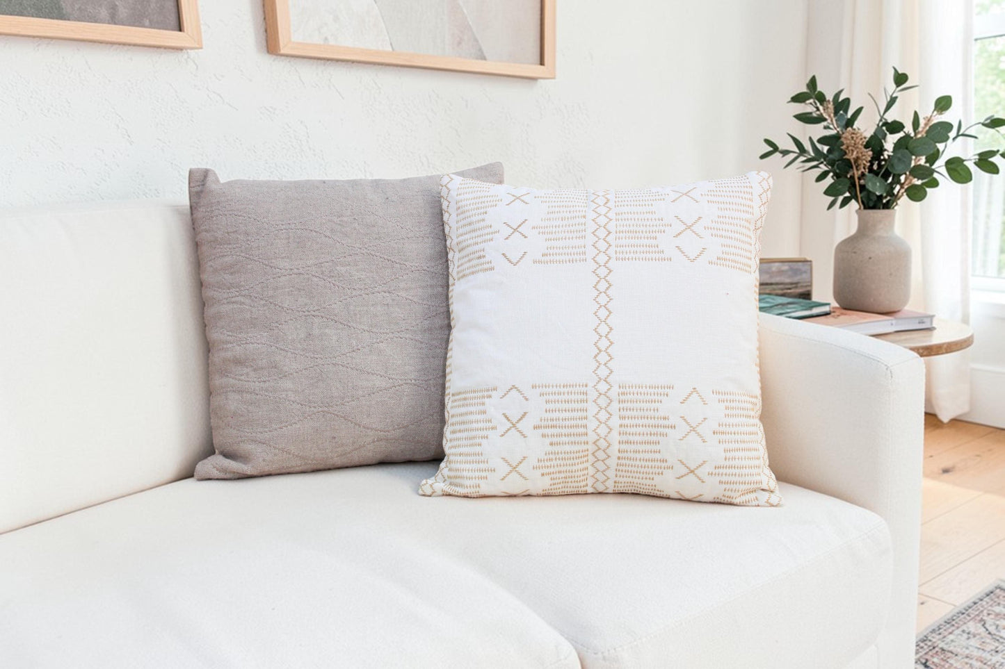 Hand Embroidered Linen Pillow Cover 18x18, Boho Neutral Throw Cushion