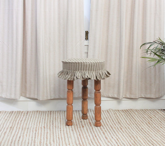 Linen Bar Stool Slipcover, Hand Block Printed Stripe, Farmhouse Ruffle Cover