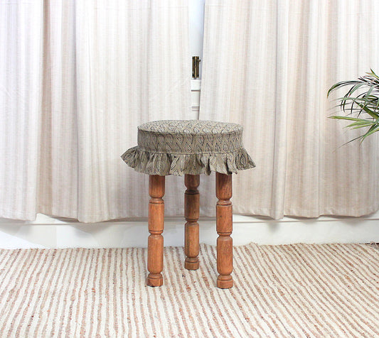 Linen Bar Stool Slipcover, Hand Block Printed Leaf Ruffle Farmhouse Cover