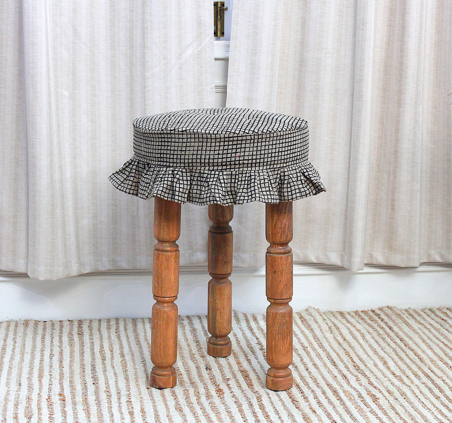 Farmhouse Linen Stool Covers (Set of 2), Hand Block Printed Gingham Ruffled Seat