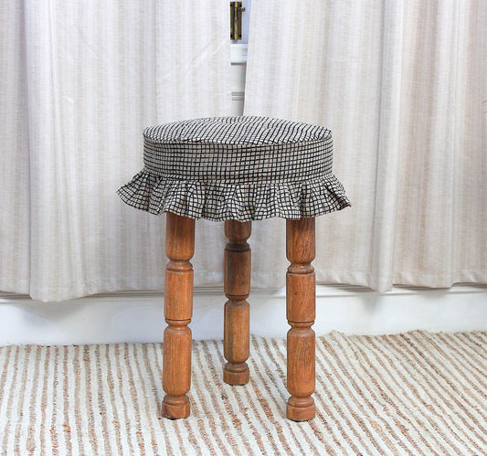 Farmhouse Linen Stool Covers (Set of 2), Hand Block Printed Gingham Ruffled Seat