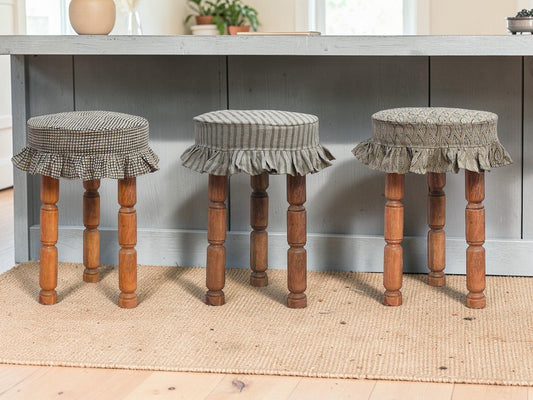 Set of 3 Linen Bar Stool Slipcovers, Hand Block Printed Farmhouse Ruffle