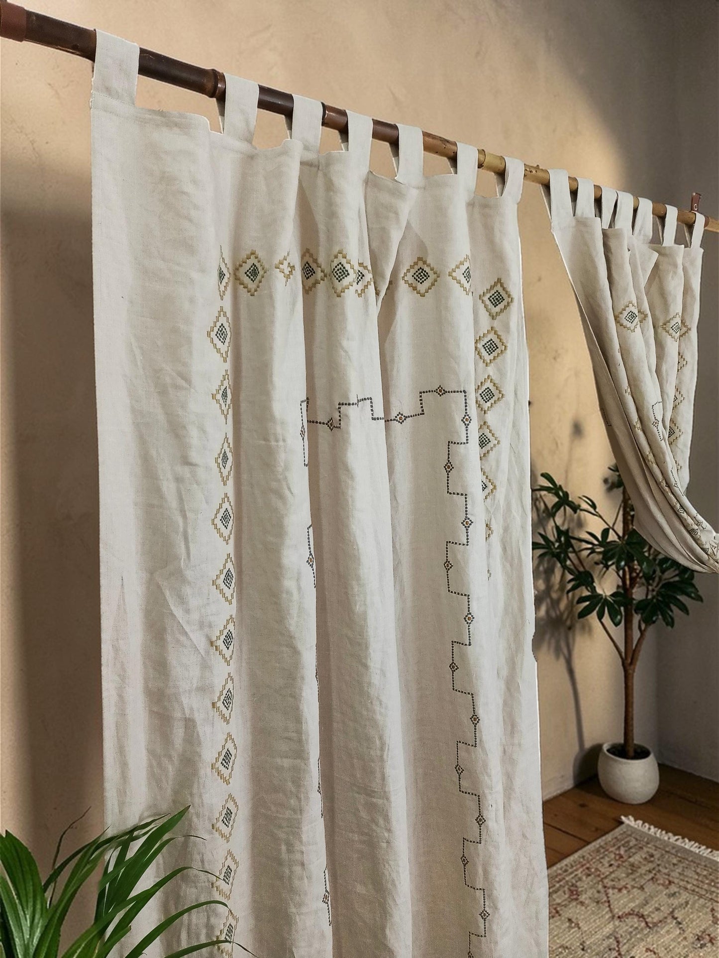 Embroidered Linen Curtain Panel: Natural Boho Farmhouse Drapes