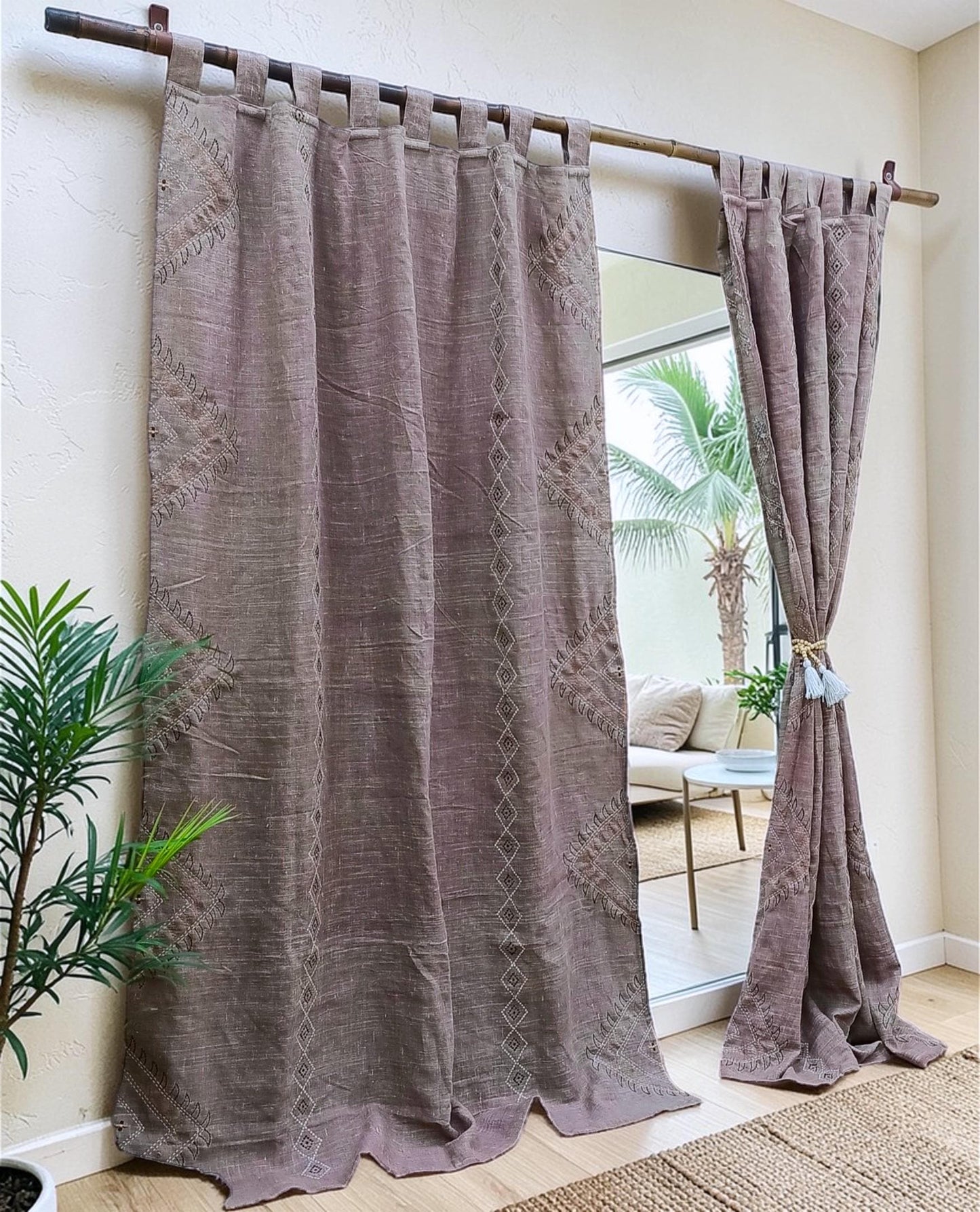 Hand Embroidered Linen Curtains: Rustic Boho Cafe Window Panels