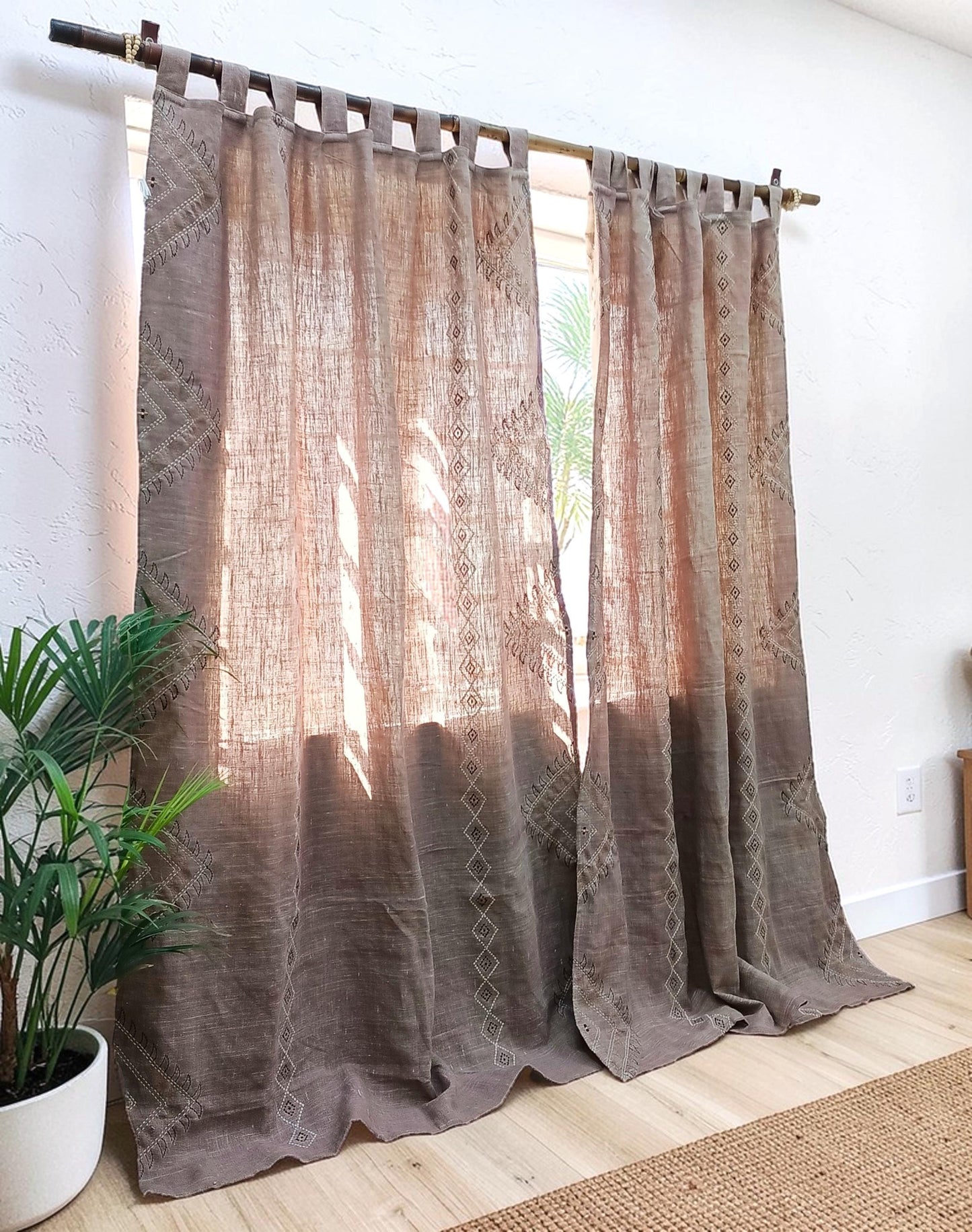Hand Embroidered Linen Curtains: Rustic Boho Cafe Window Panels