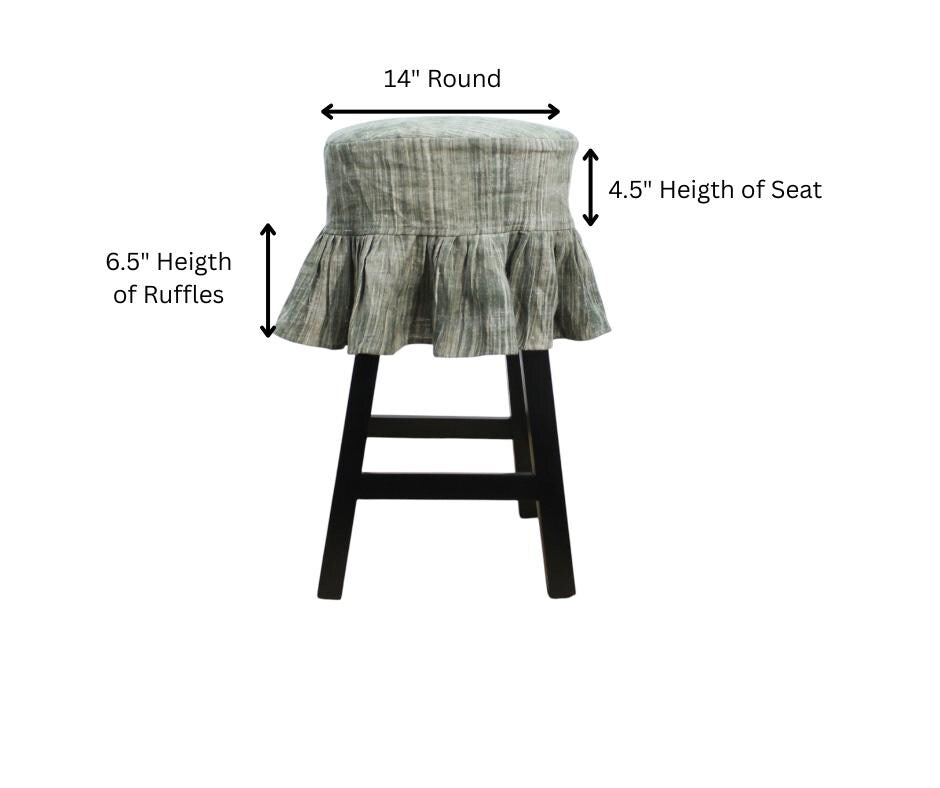 Dusty Green Linen Round Stool Cover | 14" Barstool Slipcover, Floral Motif