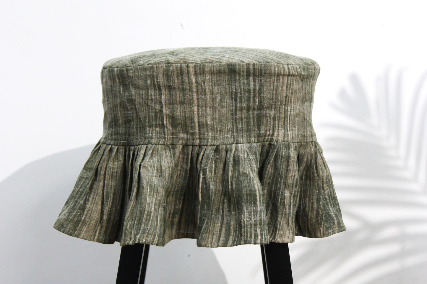 Dusty Green Linen Round Stool Cover | 14" Barstool Slipcover, Floral Motif