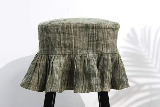 Dusty Green Linen Round Stool Cover | 14" Barstool Slipcover, Floral Motif