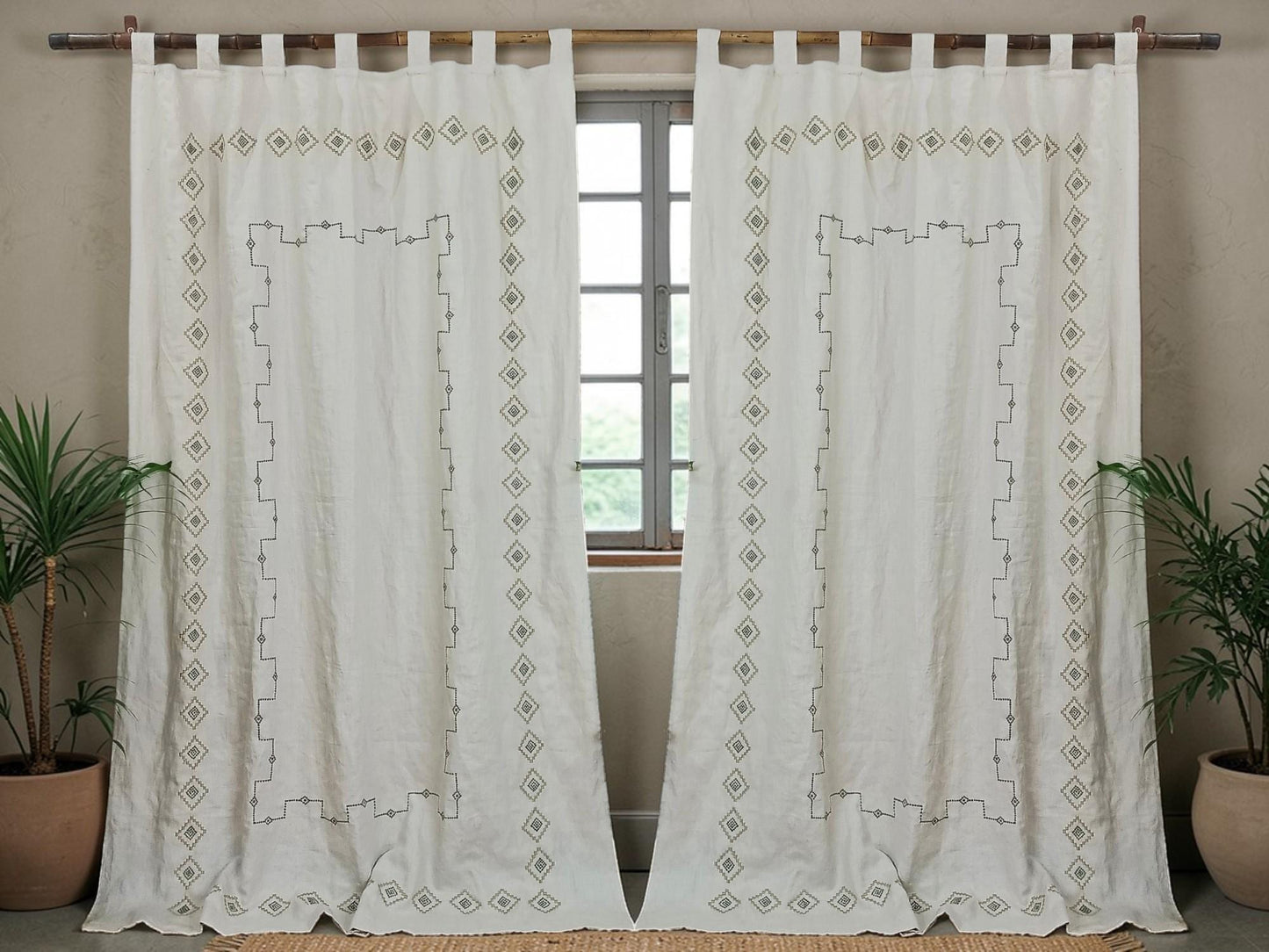 Embroidered Linen Curtain Panel: Natural Boho Farmhouse Drapes
