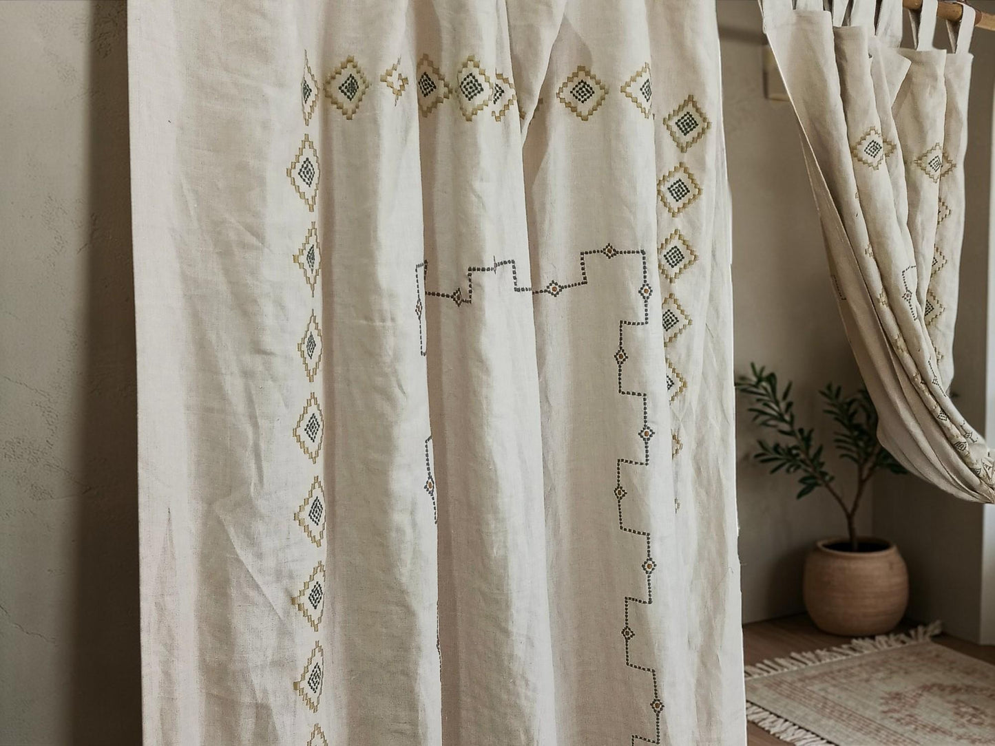 Embroidered Linen Curtain Panel: Natural Boho Farmhouse Drapes