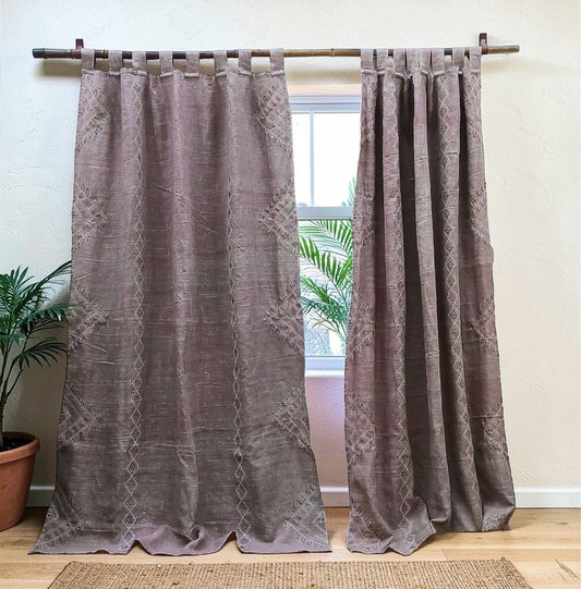 Hand Embroidered Linen Curtains: Rustic Boho Cafe Window Panels