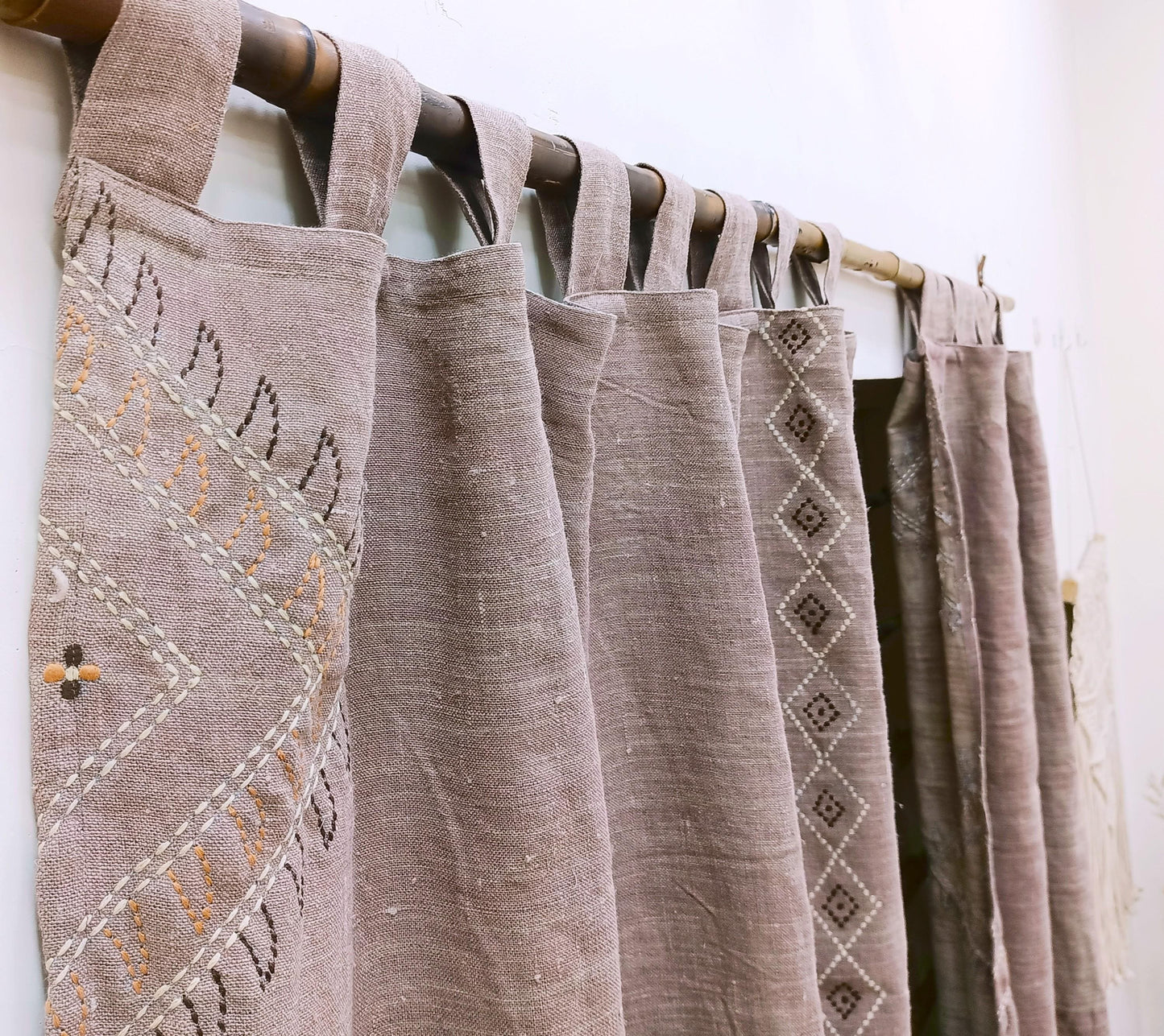 Hand Embroidered Linen Curtains: Rustic Boho Cafe Window Panels