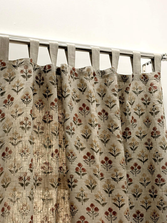 Floral Hand Block Printed Linen Curtain Panel: Natural Boho Farmhouse Drapes