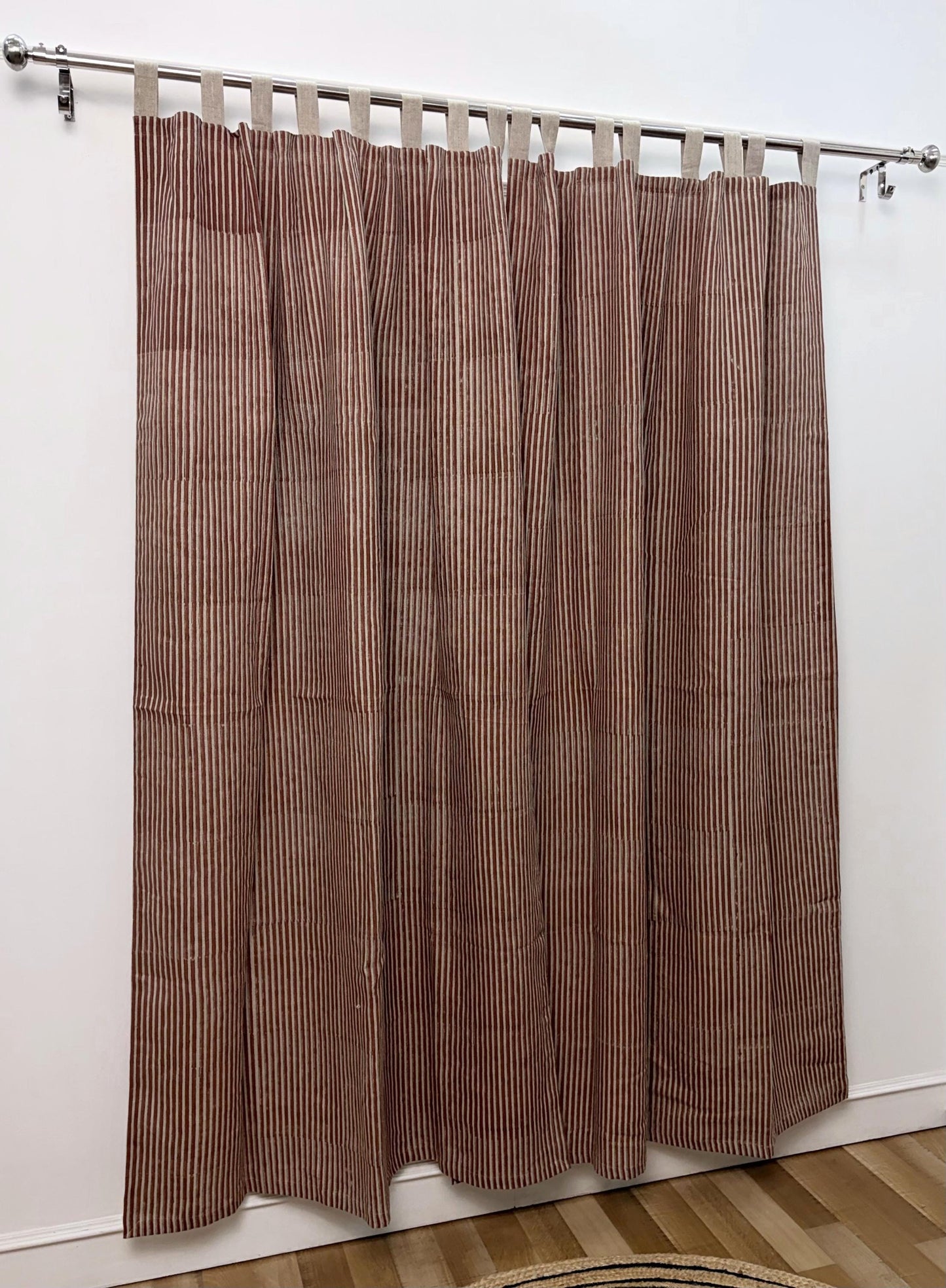 Stripe Hand Block Printed Linen Curtain Panel: Natural Boho Farmhouse Drapes