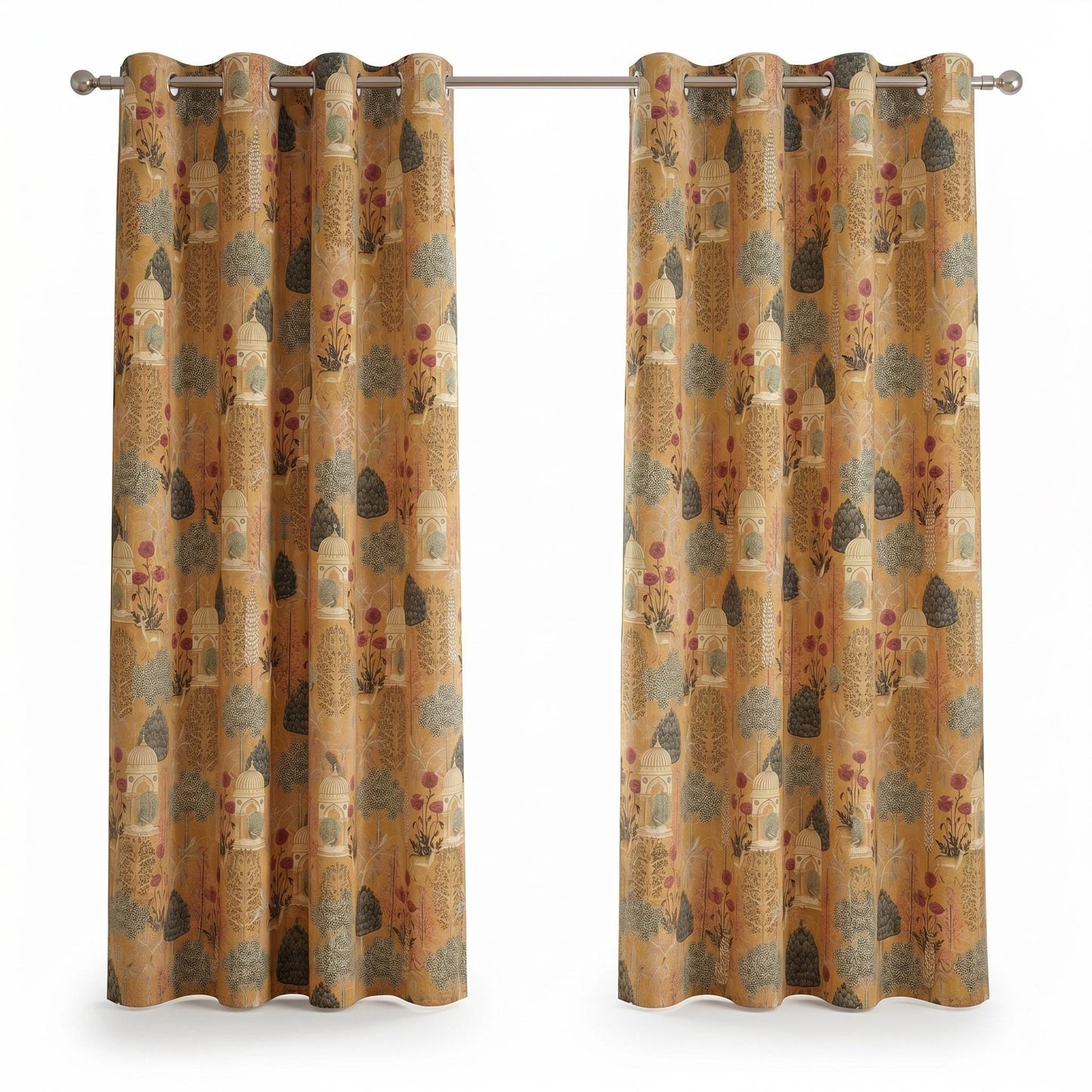 Indian Heritage Printed Linen Curtain Panel: Natural Boho Farmhouse Drapes