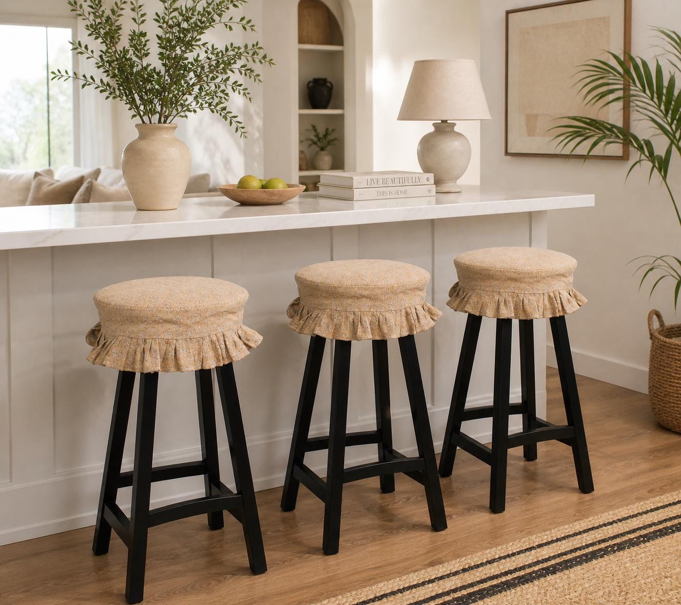 Block Printed Linen Stool Cover 14 Inch | Ruffle Seat Slipcover