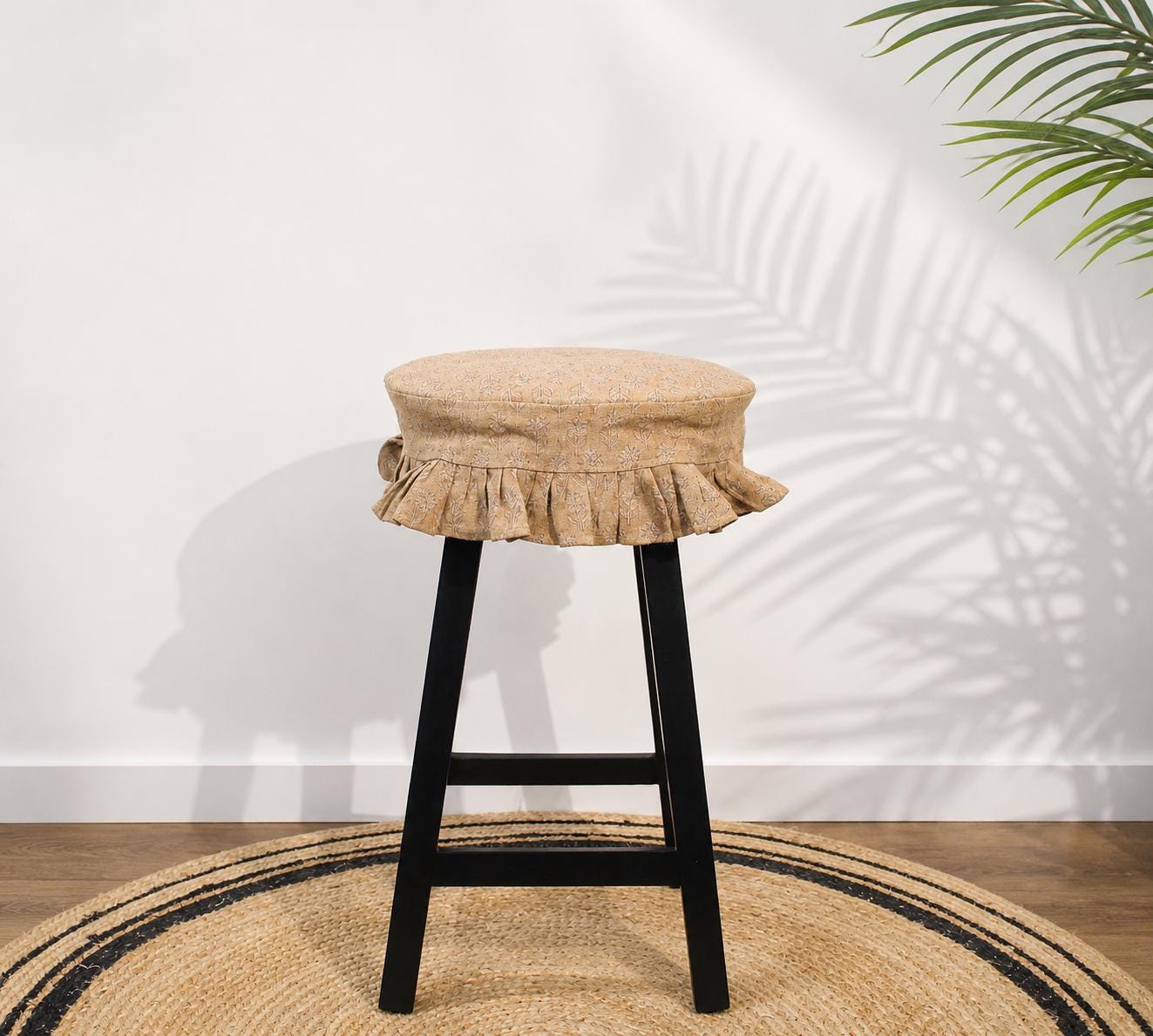 Block Printed Linen Stool Cover 14 Inch | Ruffle Seat Slipcover