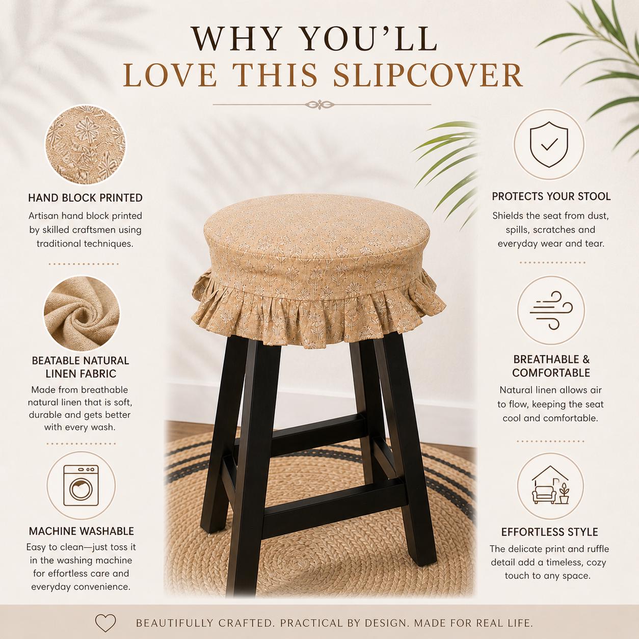 Block Printed Linen Stool Cover 14 Inch | Ruffle Seat Slipcover