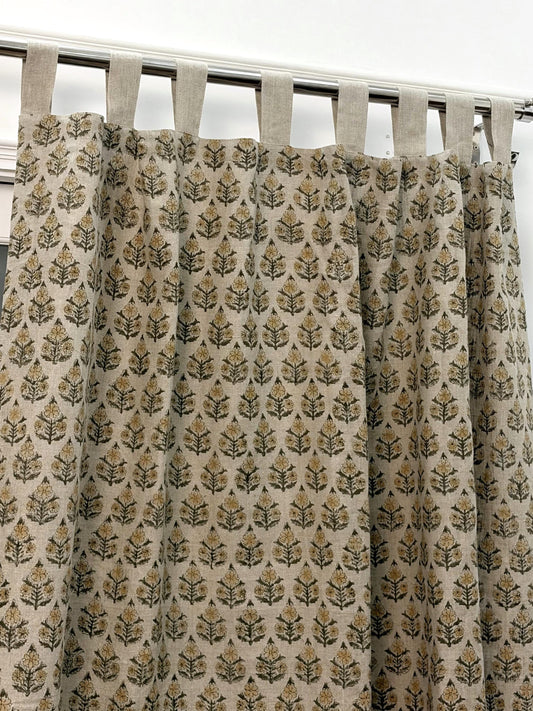 Floral Booti Hand Block Printed Linen Curtain Panel: Natural Boho Farmhouse Drapes