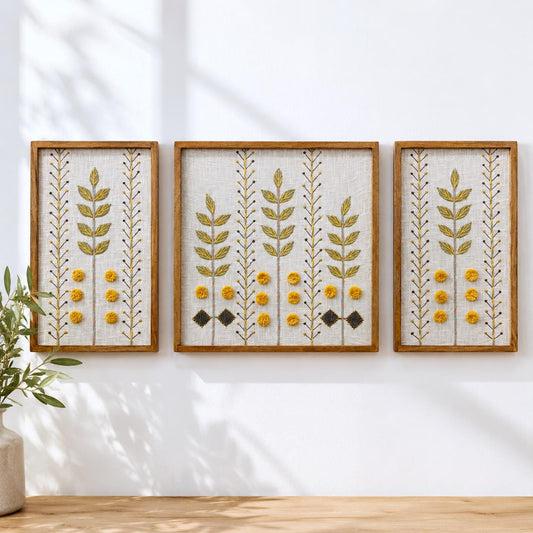 Set of 3 Botanical Embroidered Wall Art, Textured Pom-Pom Fiber Art, Boho Rustic Decor