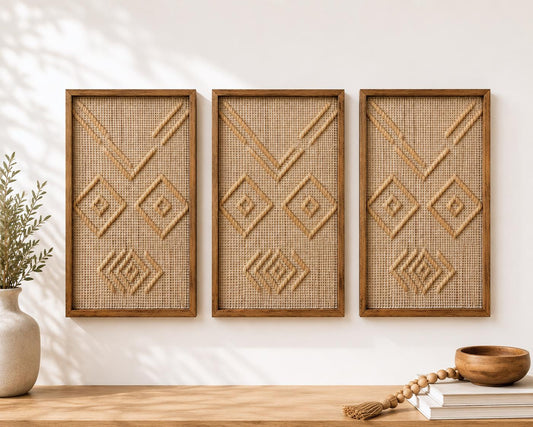 Handwoven Jute Wall Art Set | Acacia Wood Framed Boho Wall Decor Art