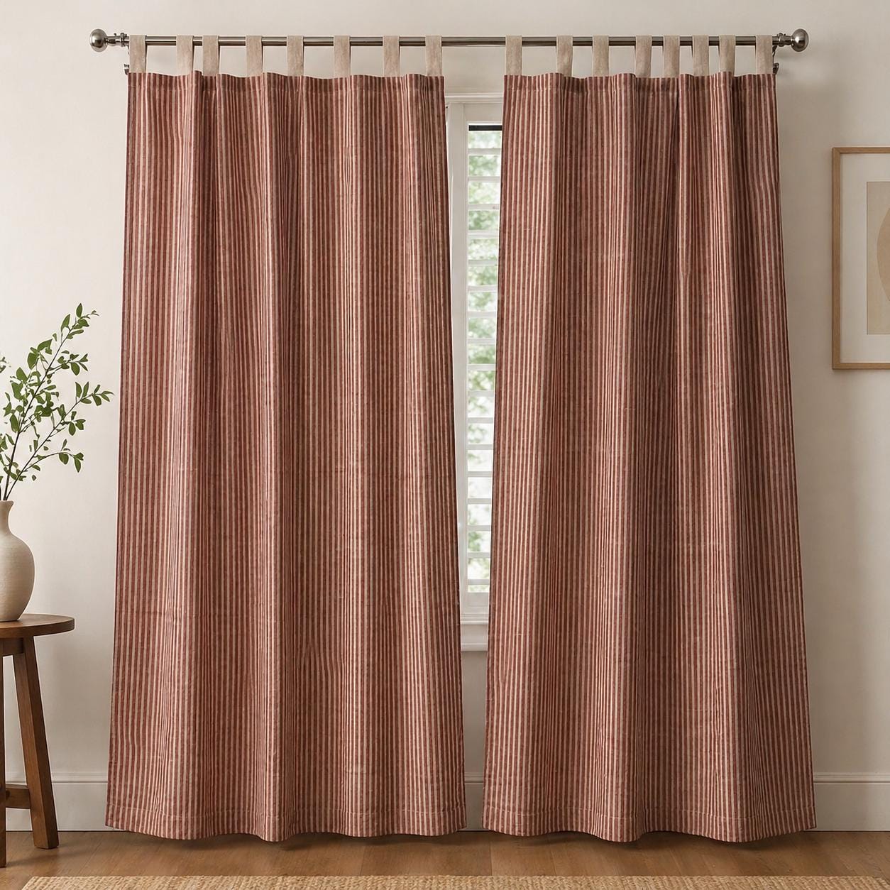 Stripe Hand Block Printed Linen Curtain Panel: Natural Boho Farmhouse Drapes