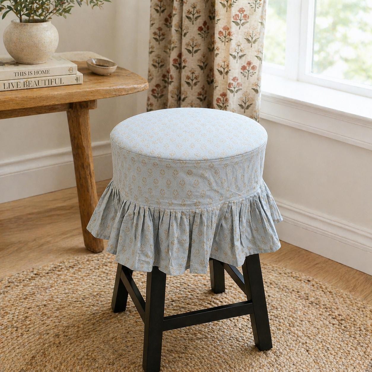 Bluvia Ruffled Barstool Cover : Cotton Linen Slipcover, Farmhouse Dining Decor