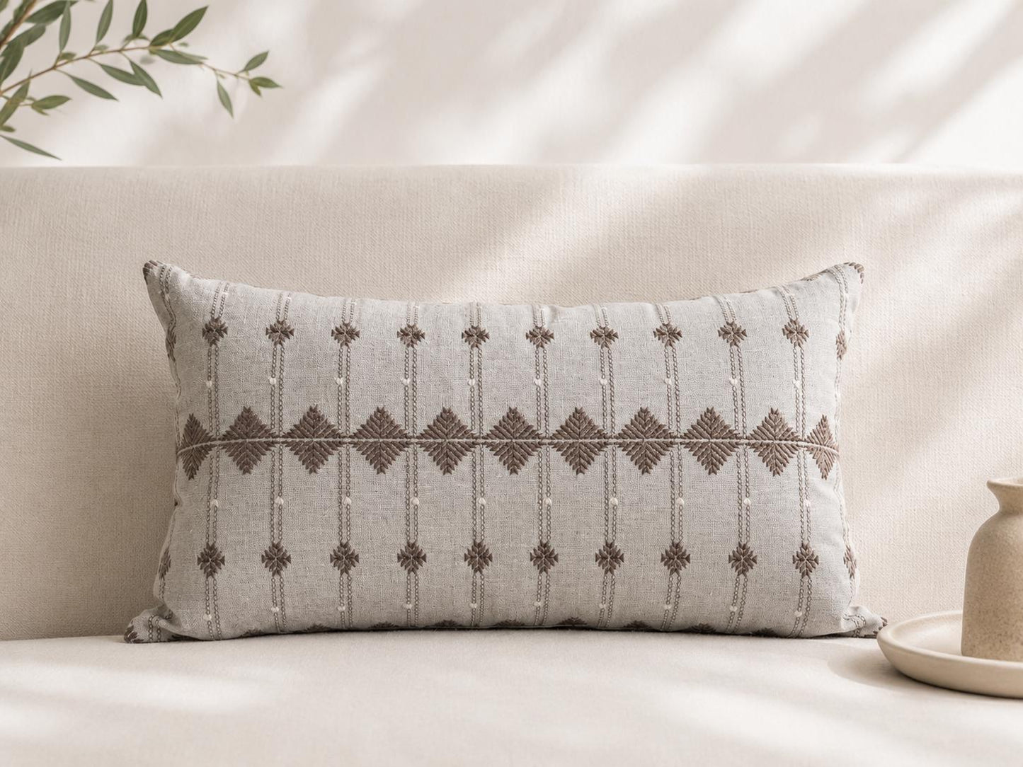 Embroidered Linen Pillow Cover, Neutral Throw Pillow for Sofa, Bed, Living Room Decor