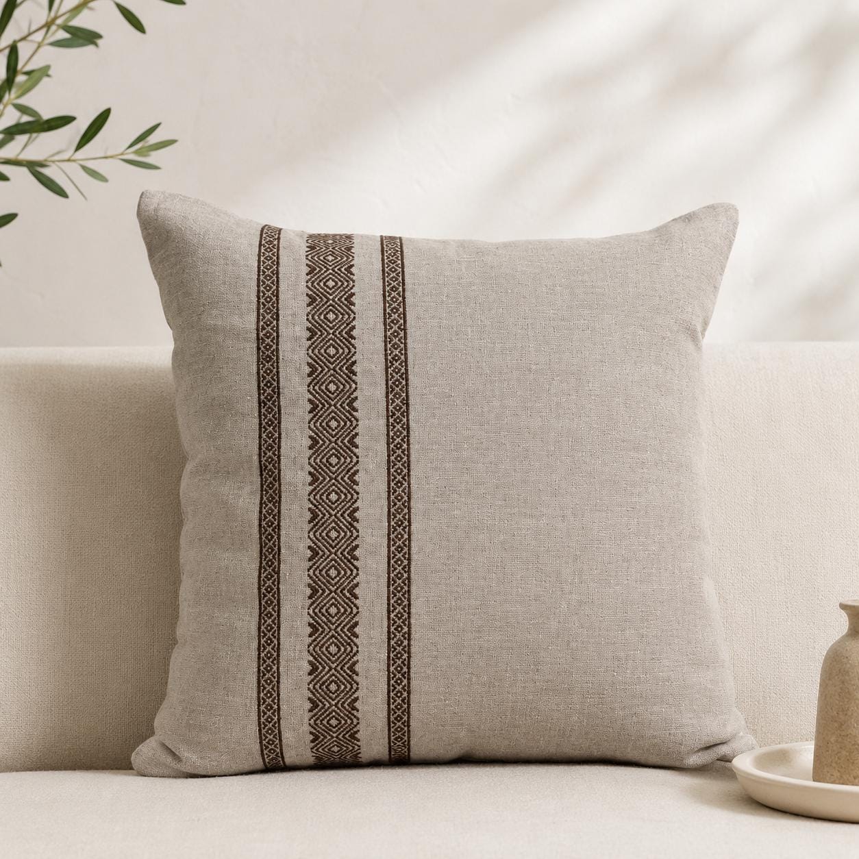 Embroidered Linen Pillow Cover, Neutral Throw Pillow for Sofa, Bed, Living Room Decor