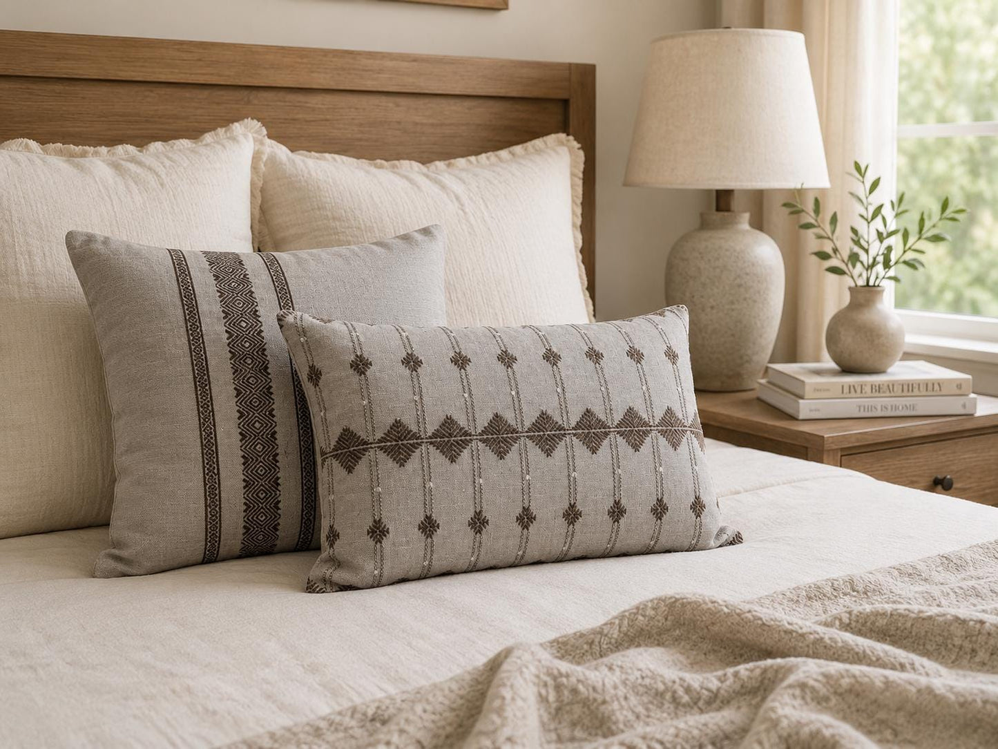 Embroidered Linen Pillow Cover, Neutral Throw Pillow for Sofa, Bed, Living Room Decor