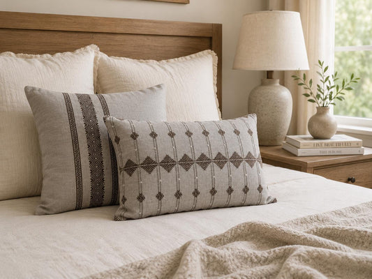 Embroidered Linen Pillow Cover, Neutral Throw Pillow for Sofa, Bed, Living Room Decor