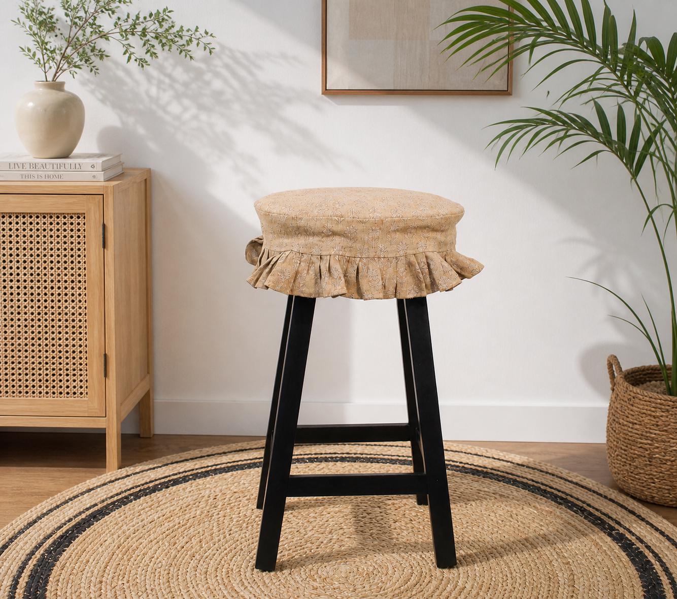 Block Printed Linen Stool Cover 14 Inch | Ruffle Seat Slipcover