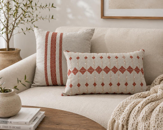 Rust Embroidered Linen Pillow Cover, Geometric Boho Throw Pillow, Neutral Beige Lumbar 14X22, 18X18