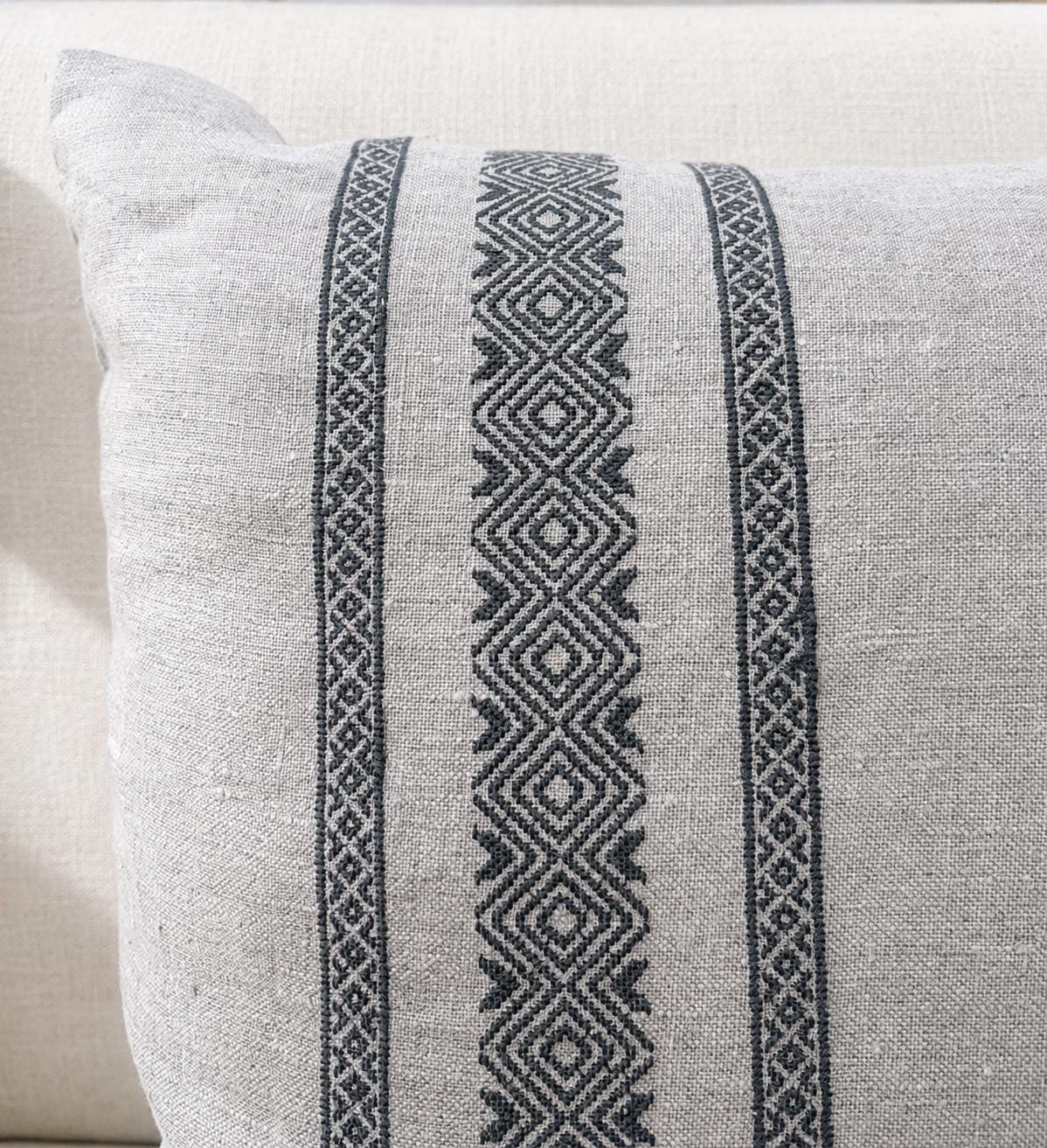 Charcoal Gray Embroidered Linen Pillow Cover, Neutral Throw Pillow, Handmade Lumbar Throw Pillow Cover, Modern Boho Pillow, 18x18 & 14x22
