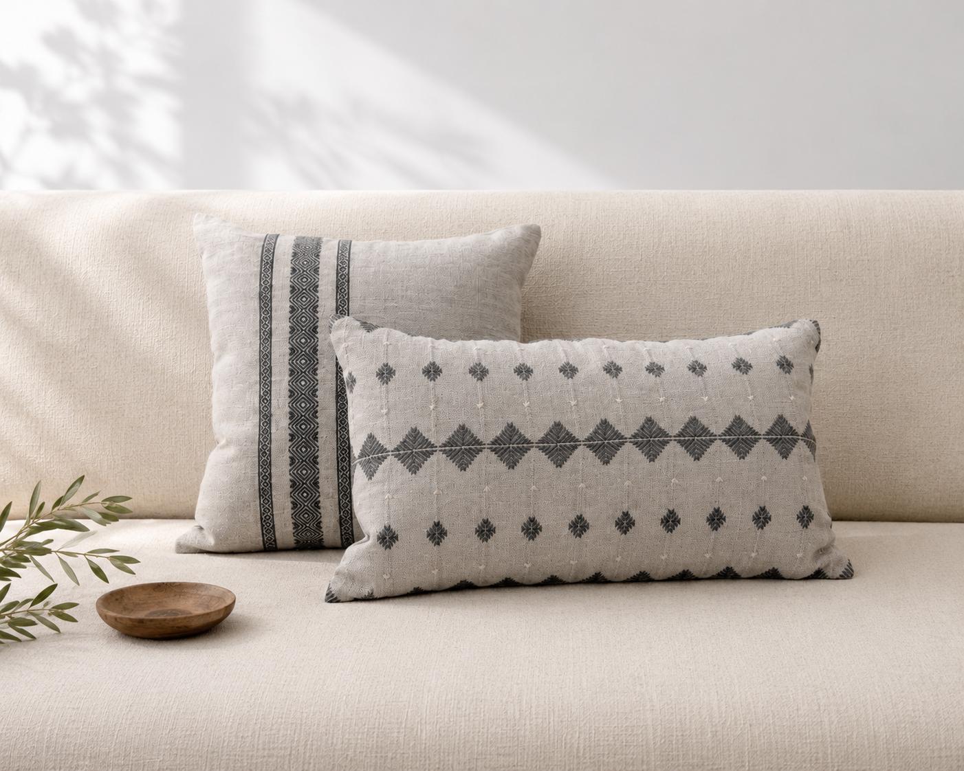 Charcoal Gray Embroidered Linen Pillow Cover, Neutral Throw Pillow, Handmade Lumbar Throw Pillow Cover, Modern Boho Pillow, 18x18 & 14x22