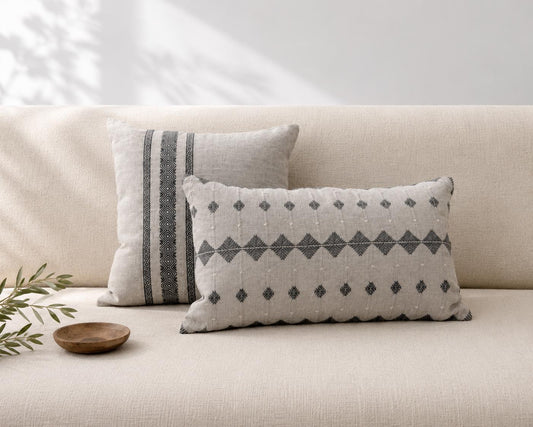 Charcoal Gray Embroidered Linen Pillow Cover, Neutral Throw Pillow, Handmade Lumbar Throw Pillow Cover, Modern Boho Pillow, 18x18 & 14x22