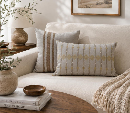 Embroidered Linen Pillow Cover, Beige 18X18" and 14X22" Cover, Handmade Neutral Throw Pillow for Sofa, Bed, Living Room Decor